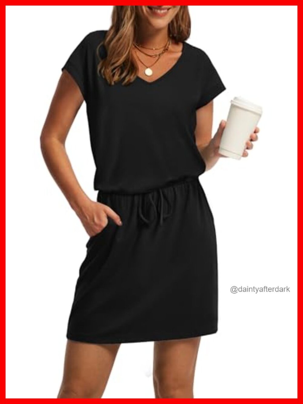 Women V Neck T Shirt Dress Tie Waist Sundress with Pockets